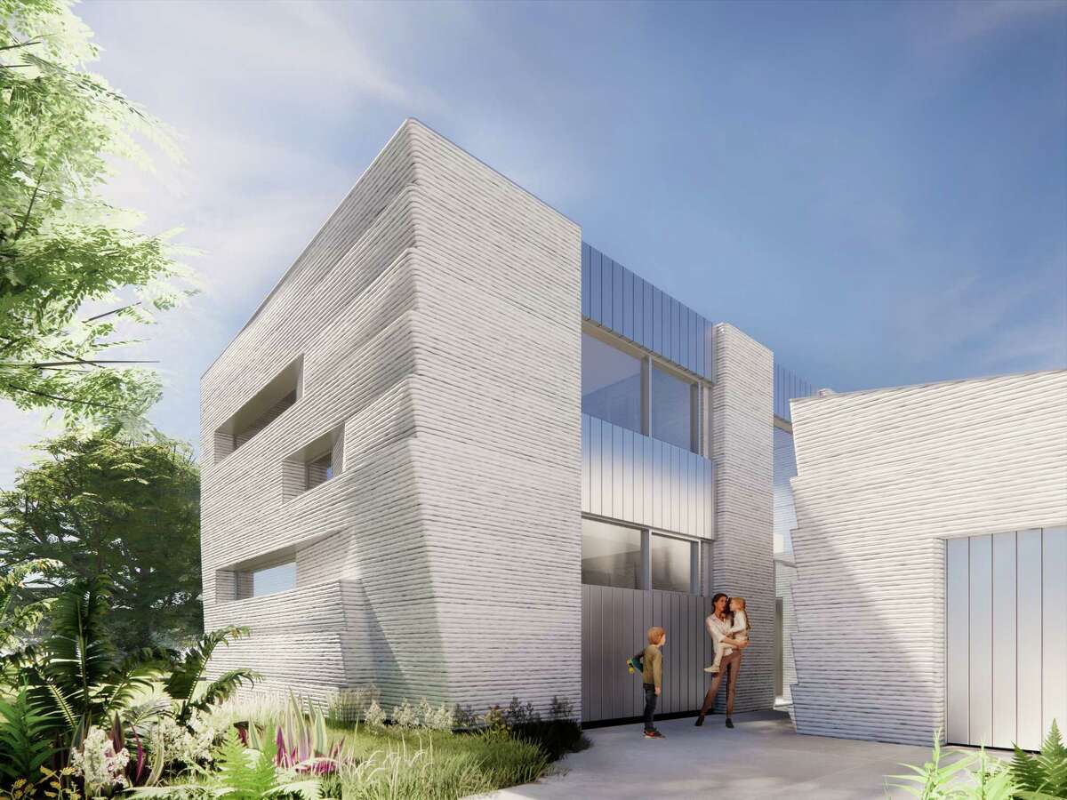 An artist's rendering shows what the 3D printed concrete house in Spring Branch Valley will look like when it's done.