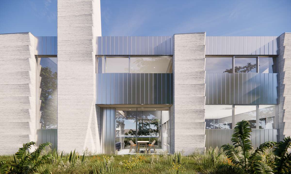An artist's rendering shows what the 3D-printed concrete house in Spring Branch Valley will look like when it's done.