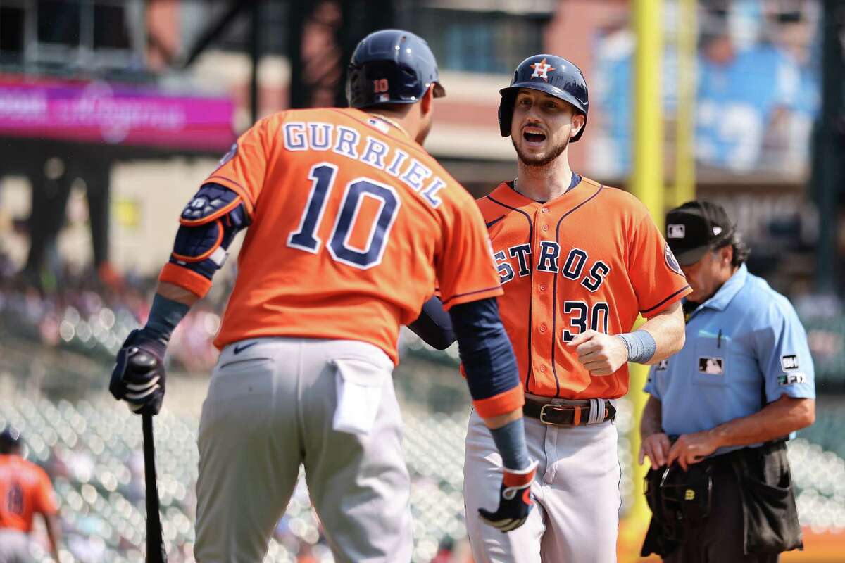 DETROIT, MICHIGAN - SEPTEMBER 14: Kyle Tucker #30 of the Houston Astros celebrates his fourth inning solo home run with Yuli Gurriel #10 of the Houston Astros while playing the Detroit Tigers at Comerica Park on September 14, 2022 in Detroit, Michigan.