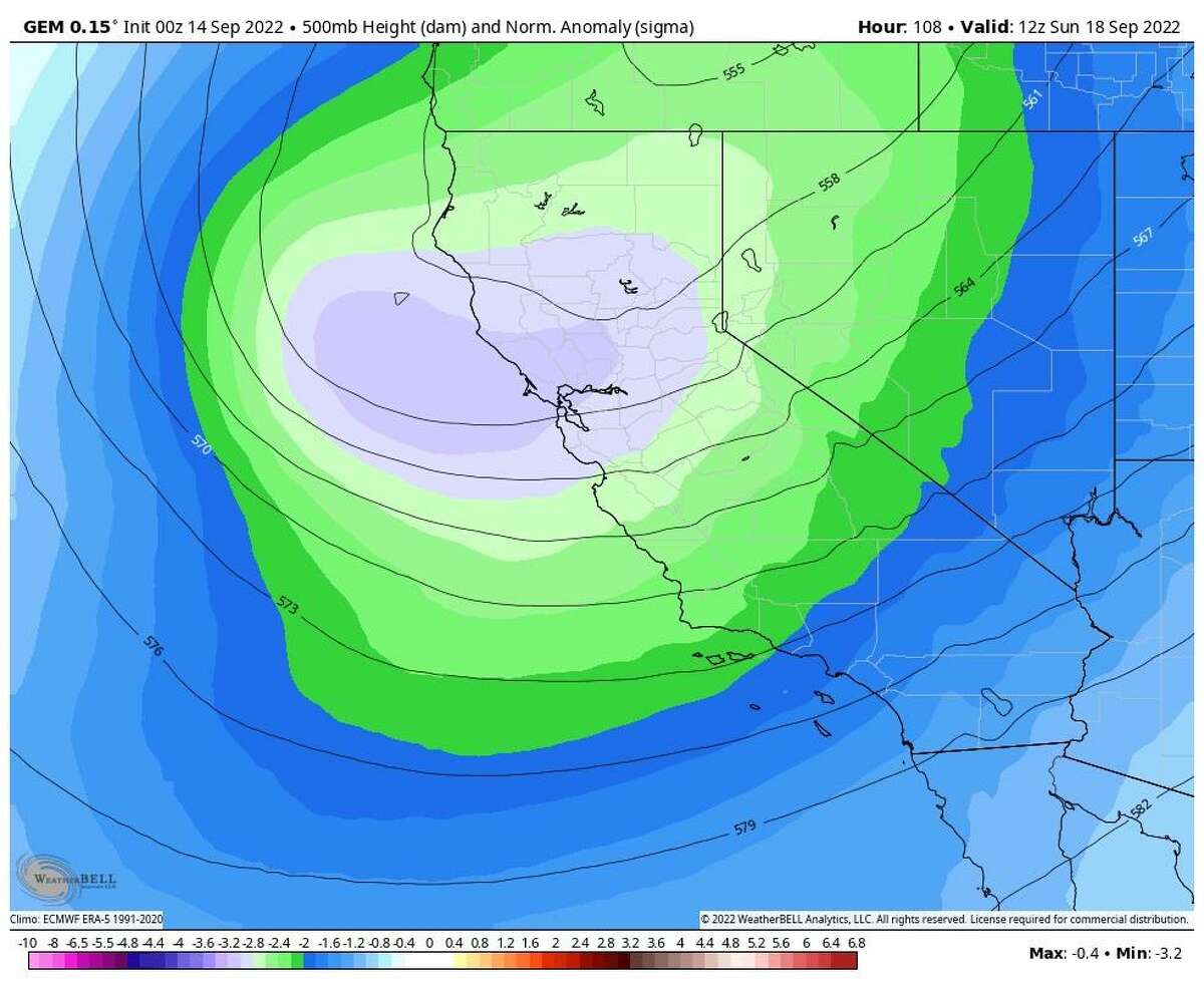 The Canadian weather model's rendering of the center of the storm system, placing it just west of the Sonoma coast on Sunday morning.