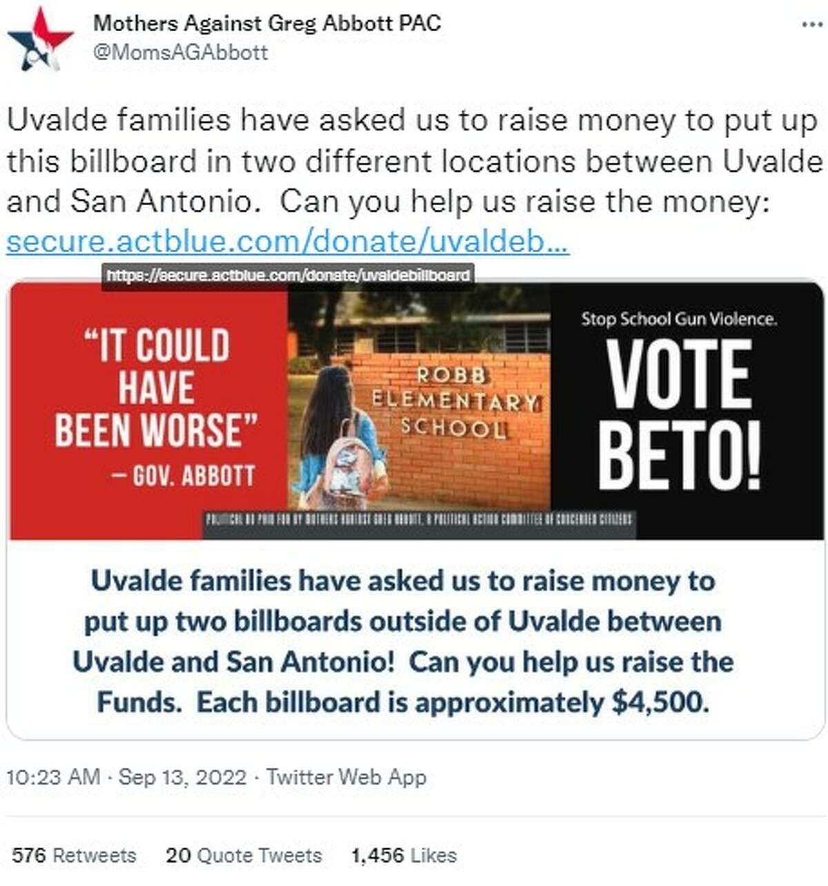 Mothers Against Greg Abbott PAC tweeted this message.