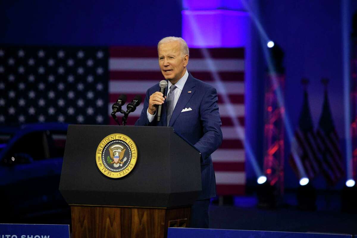 DETROIT, MI - SEPTEMBER 14: U.S. President Joe Biden speaks at the North American International Auto Show on September 14, 2022 in Detroit, Michigan. Biden announced a $900 million investment in electric vehicle infrastructure on the national highway system in 35 states. (Photo by Bill Pugliano/Getty Images)