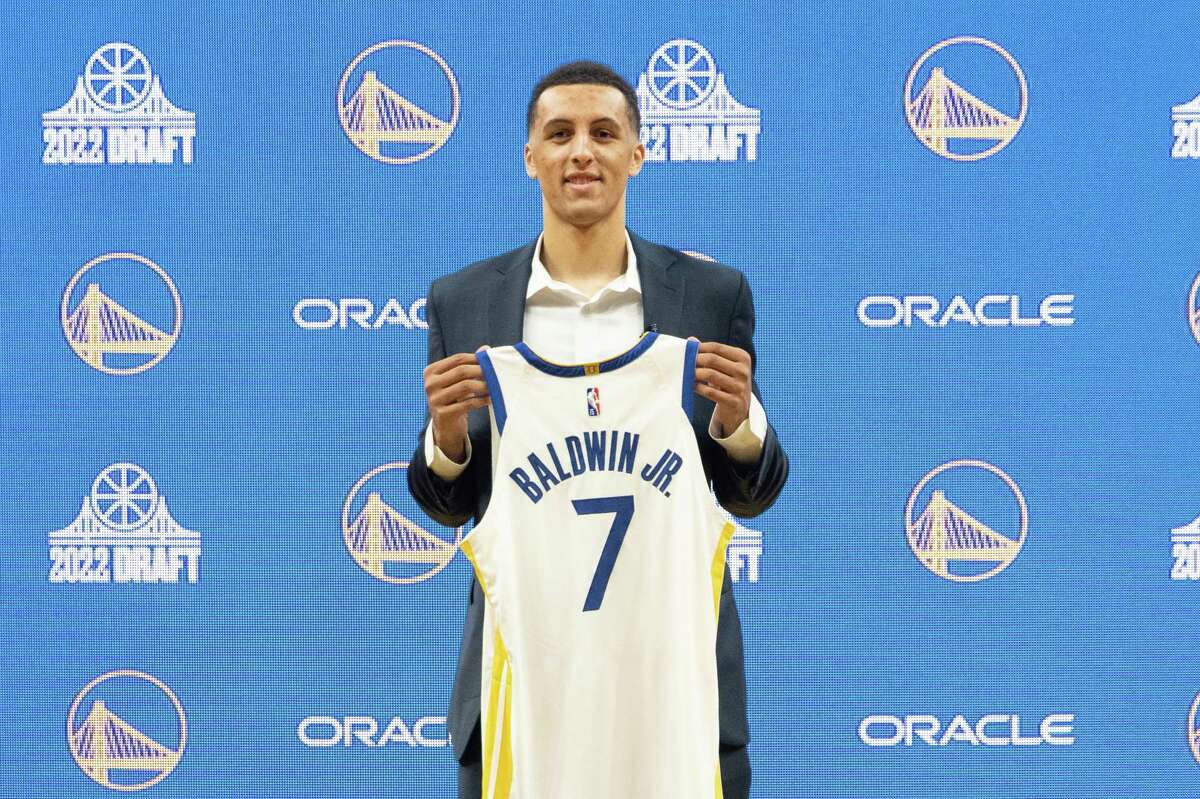 Warriors first-round draft pick Patrick Baldwin Jr. poses during an introductory press conference Friday at Chase Center in San Francisco.