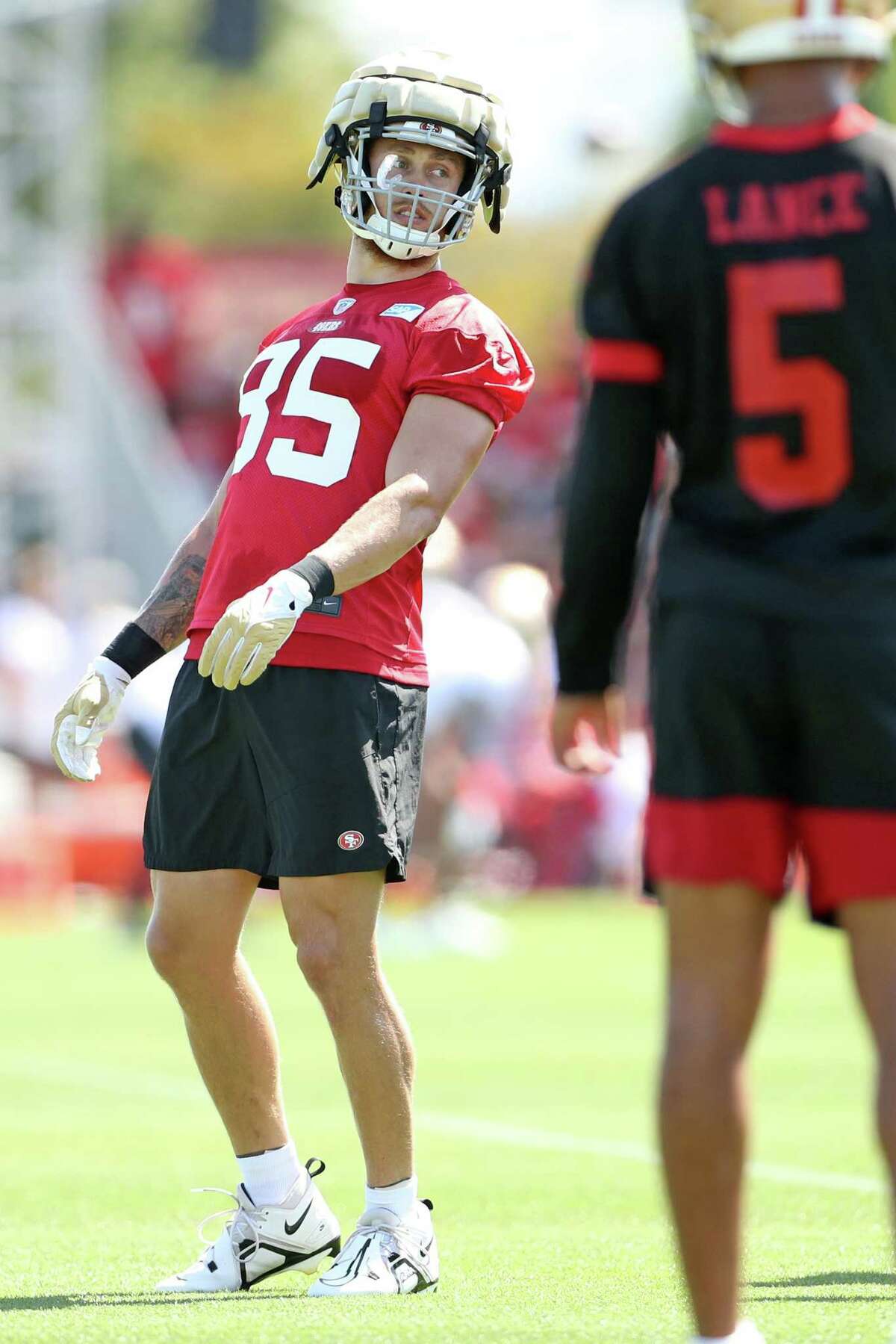 49ers tight end George Kittle (left) and quarterback Trey Lance have connected on only one completion in an NFL game.