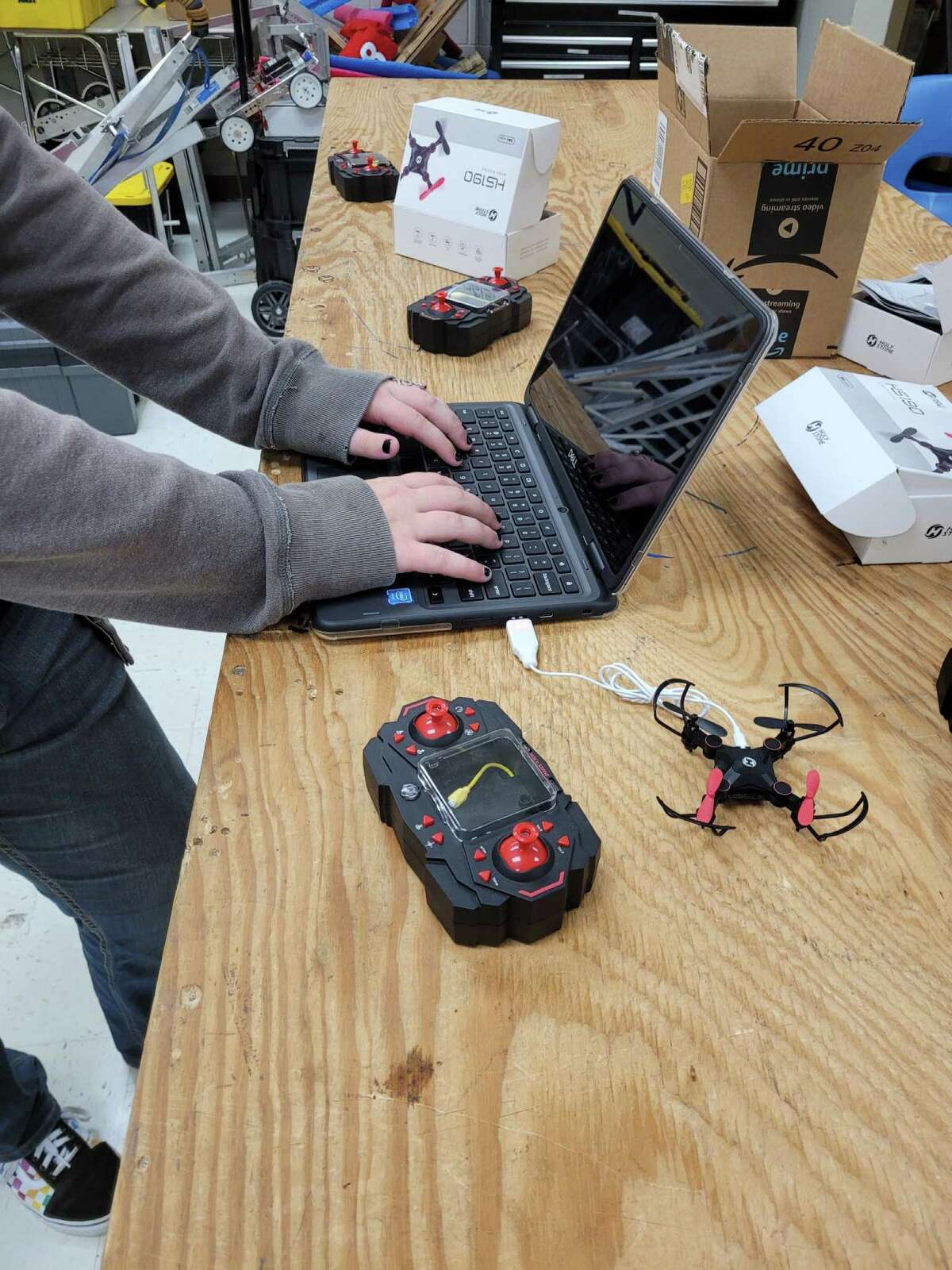 Robotics students at Somerset High School near San Antonio worked with drones on Wednesday, Sept. 14, 2022. STEM teacher Jessica Dunegan is petitioning the University Interscholastic League to make drone racing a sanctioned academic competition for high school students across the state.