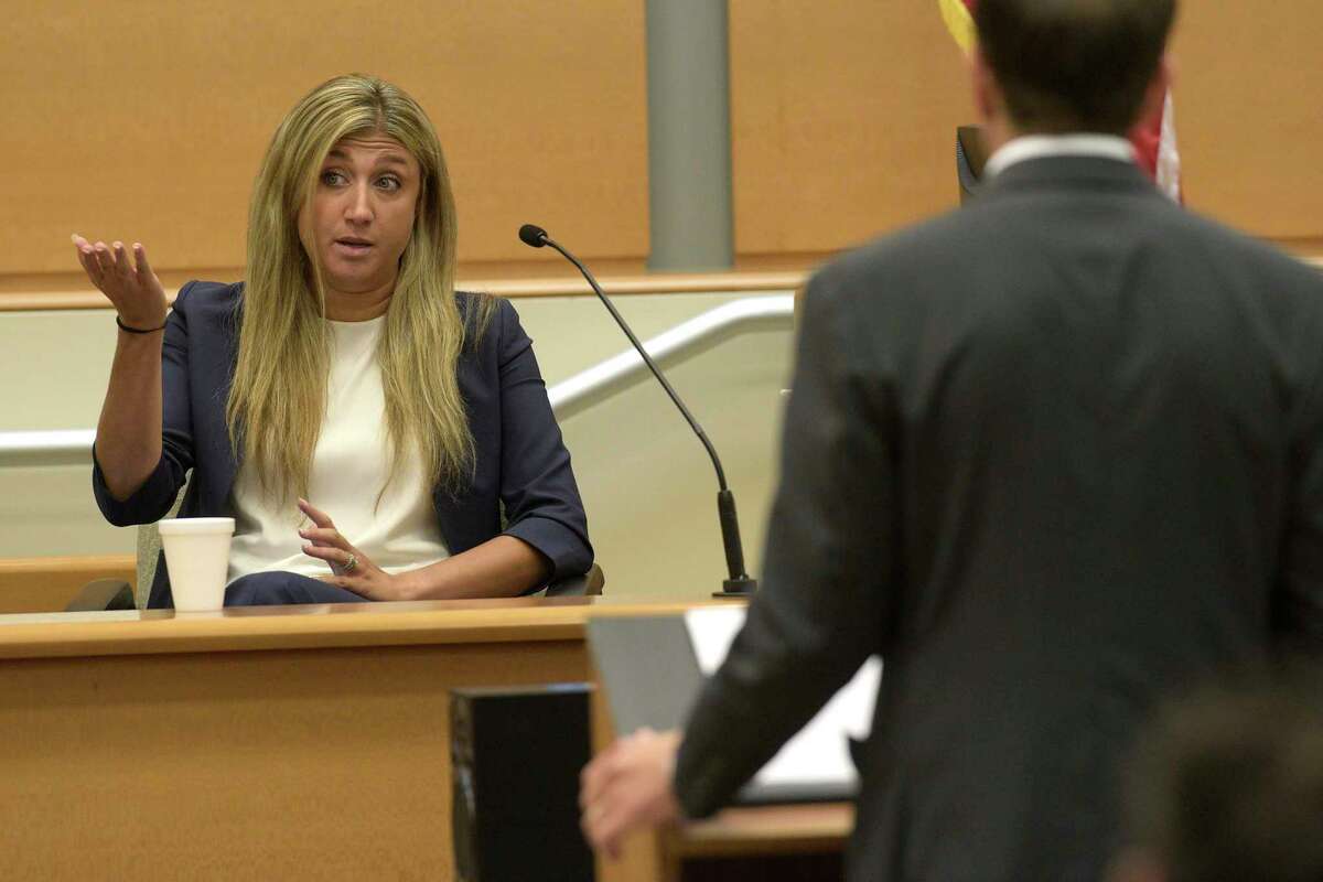 Brittany Paz, the corporate representative for Infowars, is questioned by plaintiff’s attorney Chris Mattei during the Alex Jones Sandy Hook defamation damages trial in Superior Court in Waterbury on Thursday, September 15, 2022, Waterbury, Conn. H John Voorhees III / Hearst Connecticut Media.