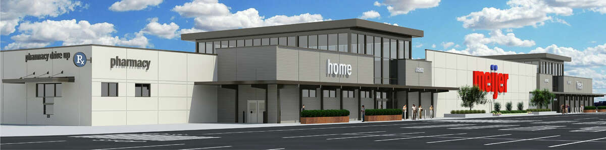 A rendering of a typical Meijer's facade, showing the home and fresh sections along with the drive-through pharmacy.