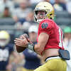 SOUTH BEND, IN - APRIL 23: Notre Dame Fighting Irish quarterback Drew Pyne (10) looks to throw the football in action during the Notre Dame Blue-Gold Spring Football Game on April 23, 2022 at Notre Dame Stadium in South Bend, IN. (Photo by Robin Alam/Icon Sportswire via Getty Images)