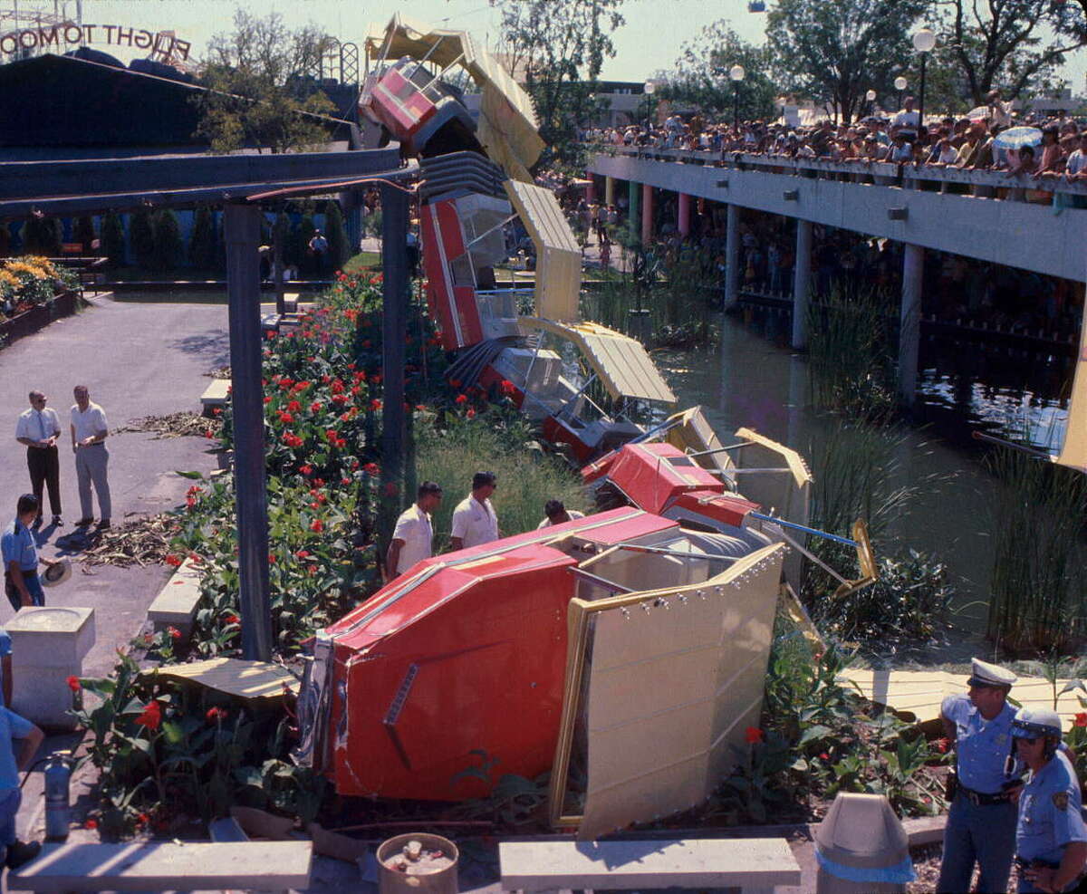A photo of the crash of the monorail at the 1968 World's Fair at HemisFair in San Antonio. 
