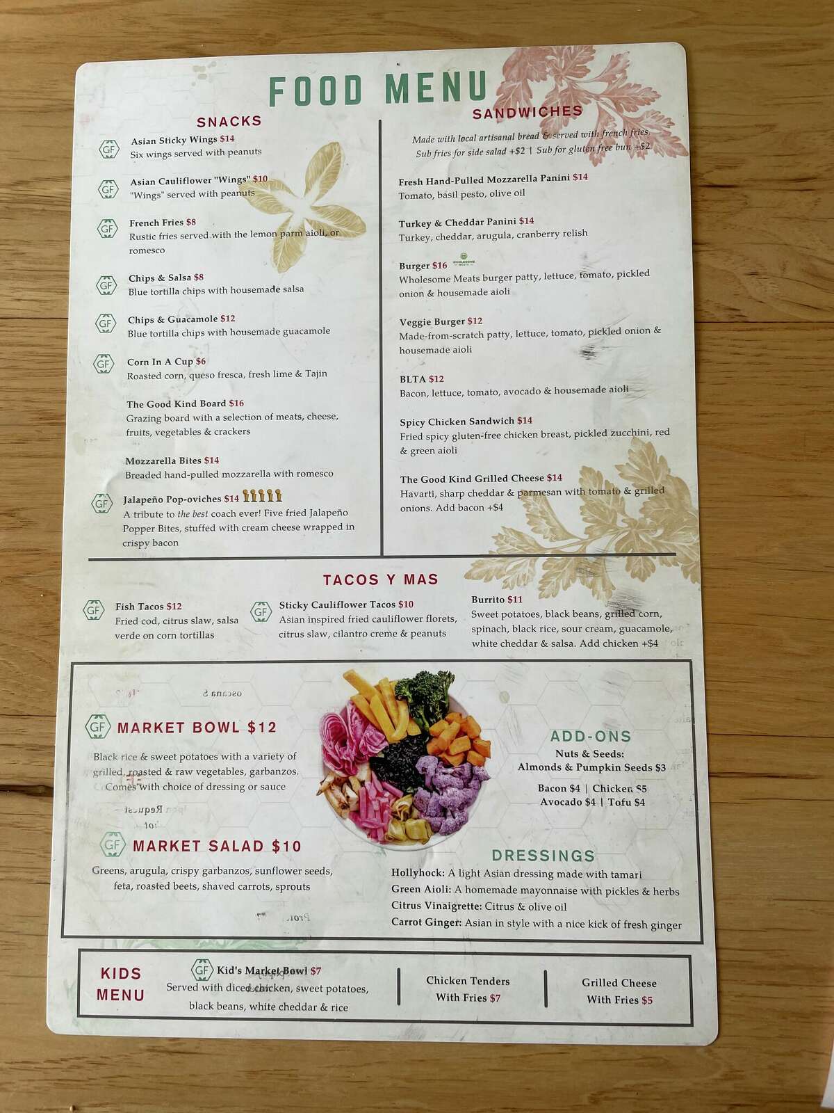 The menu at The Good Kind includes seven sandwiches, as well as snacks, tacos, bowls, and salads.