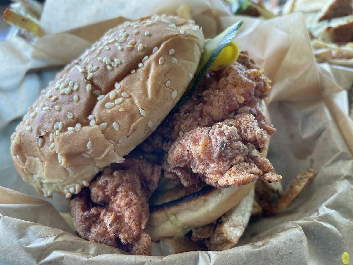 The Good Kind's fried spicy chicken sandwich comes with pickled zucchini.