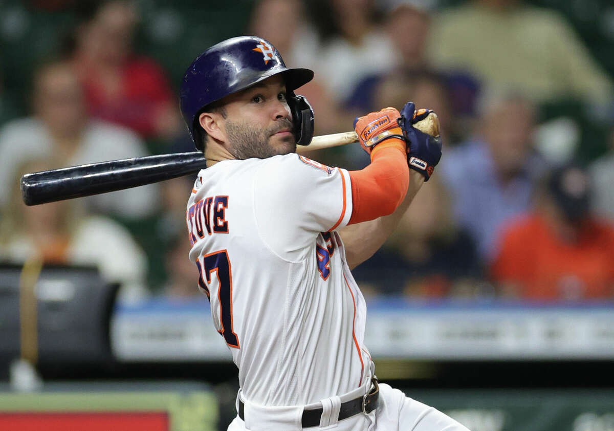 Jose Altuve #27 of the Houston Astros bats during the fifth inning against the Texas Rangers at Minute Maid Park on Sept. 7, 2022. 