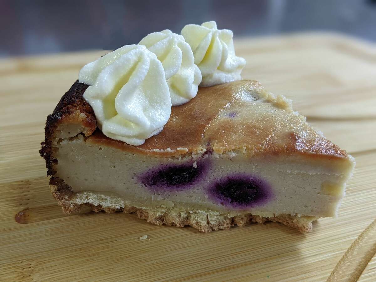 The Happy Vegan's blueberry cheesecake with plant-based whipped cream is inspired by a recipe from owner Tobias Patella’s mother.