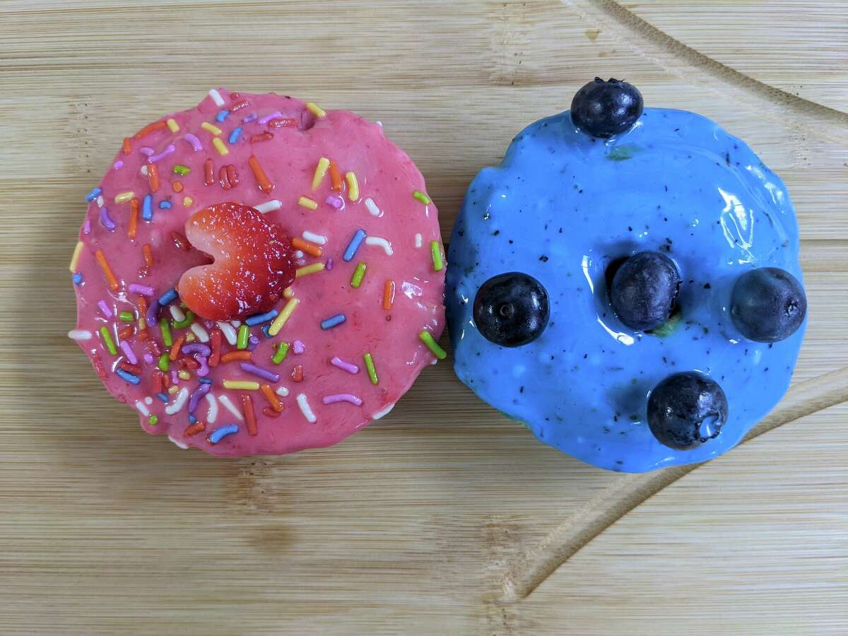 The Happy Vegan's strawberry and blueberry doughnuts.