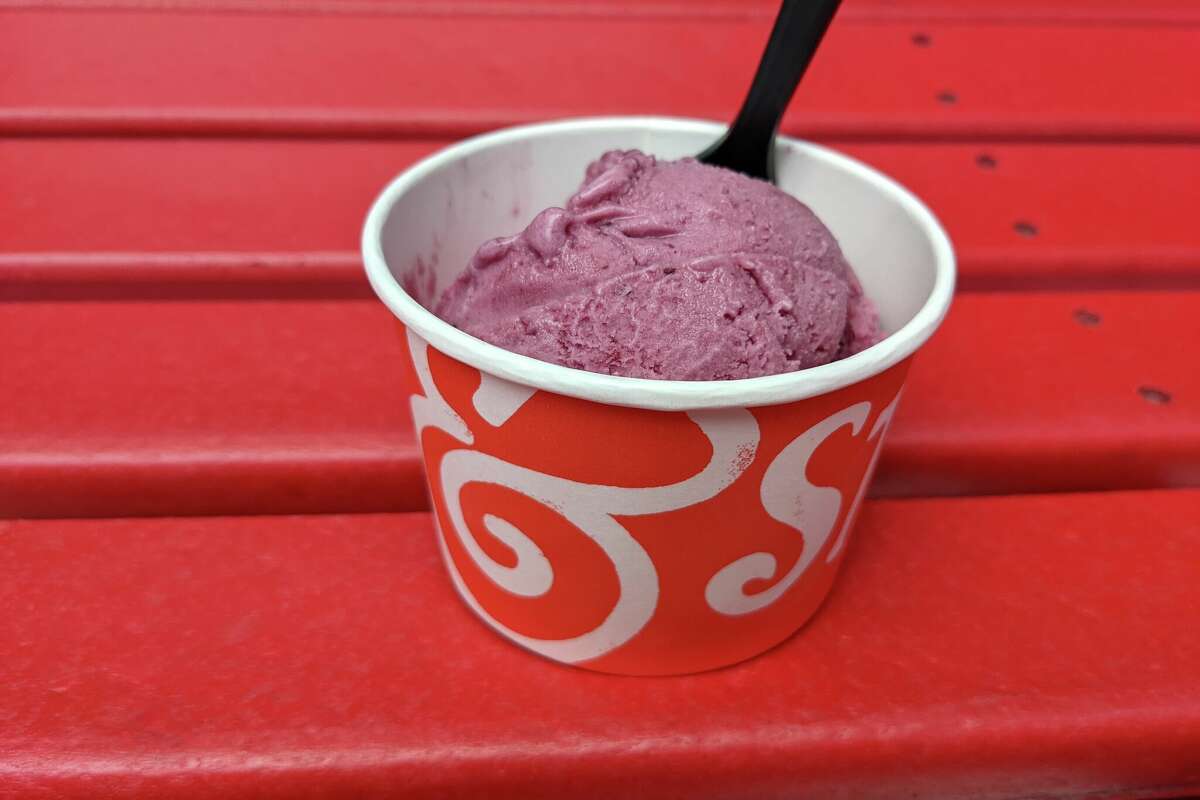 Salt & Straw's Hayes Valley location highlights various monthly flavors such as its boysenberry oat milk sherbet.