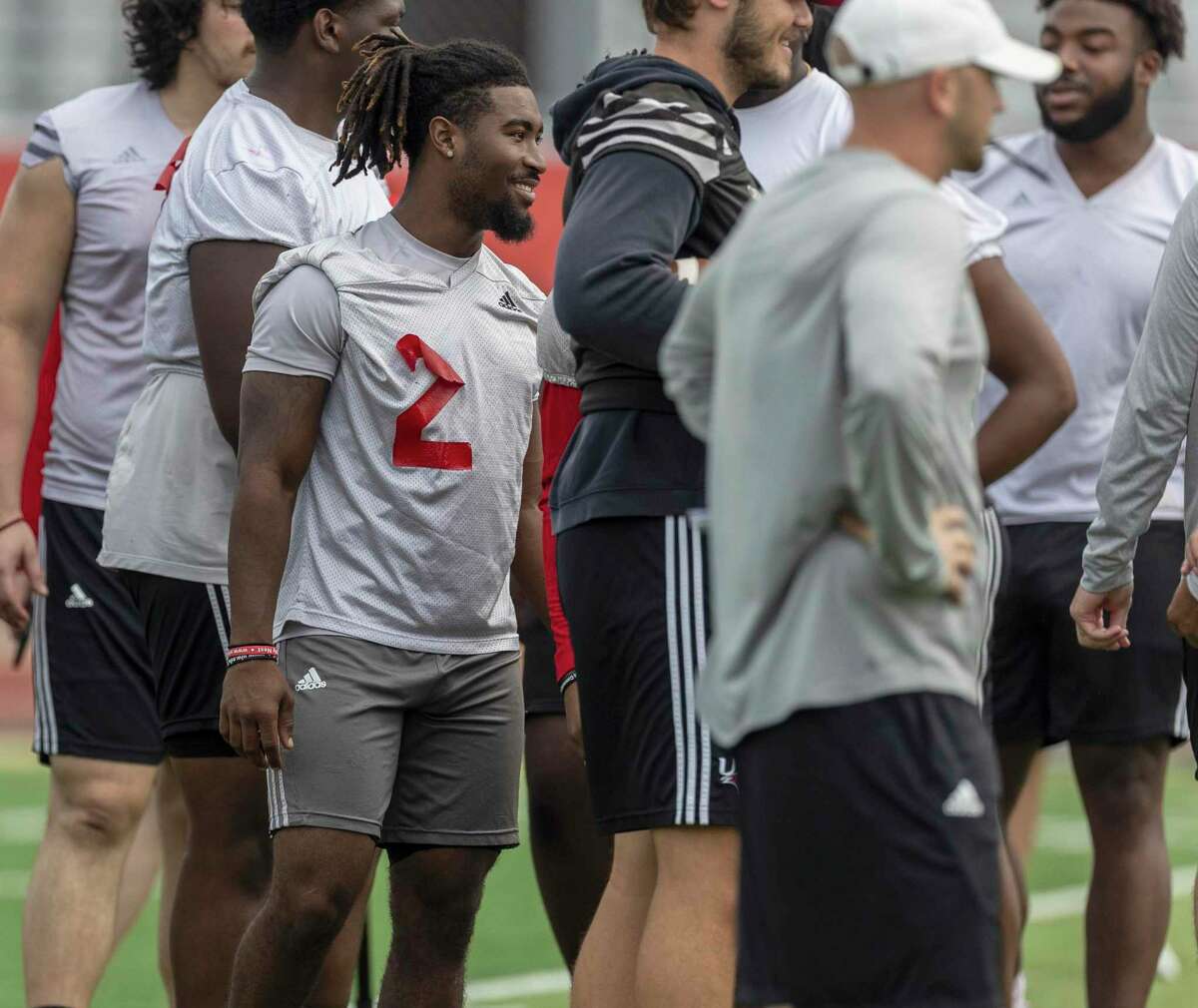 UIW’s Jarrell Wiley talks with teammates Thursday morning, Sept. 15, 2022, during the Cardinals’ practice in advance of their Saturday matchup against Prairie View A&M.