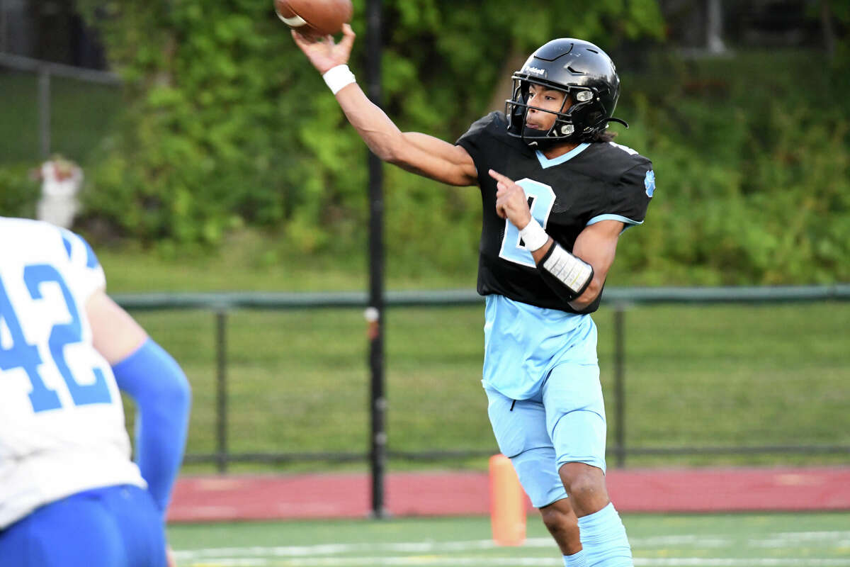 SMSA quarterback Danny Hernandez throws a pass during a football game between Rockville and the SMSA co-op at Weaver High School, Hartford on Thursday, Sept. 15, 2022.