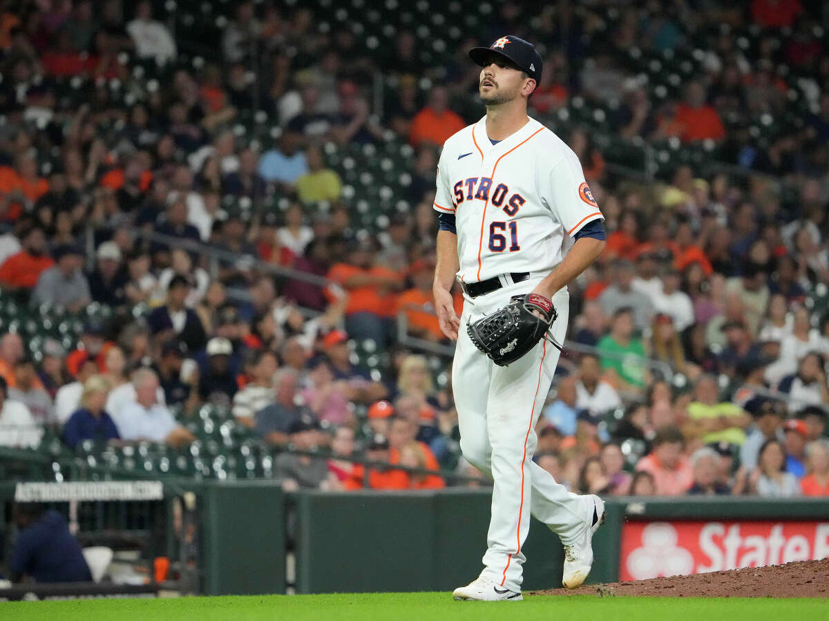 Houston Astros relief pitcher Seth Martinez (61) reacts after striking out Oakland Athletics Nick Allen to end the top of the seventh inning of an MLB baseball game at Minute Maid Park on Thursday, Sept. 15, 2022 in Houston.