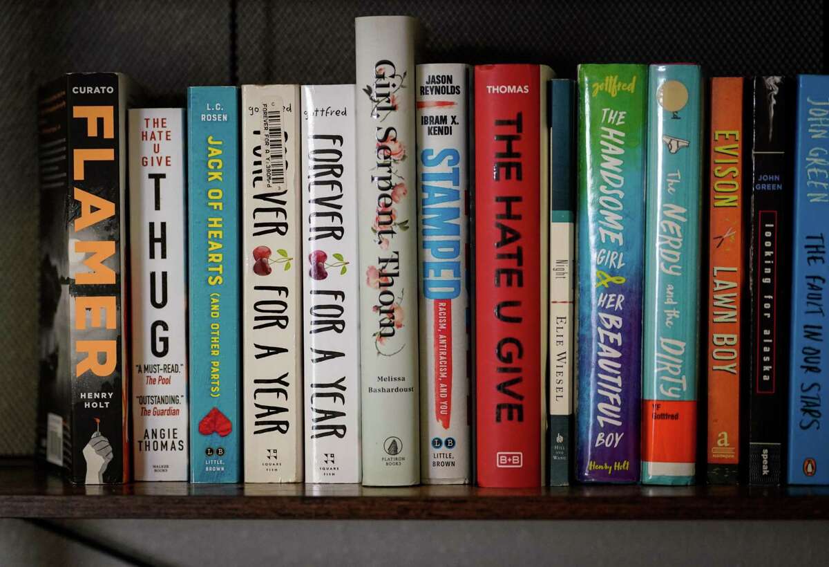 Books that have recently been challenged or banned in school districts sit on a shelf Sunday, Aug. 28, 2022, at First Christian Church in Katy. Earlier in the week, Katy ISD discussed a process to challenge, review and remove books during a school board meeting.