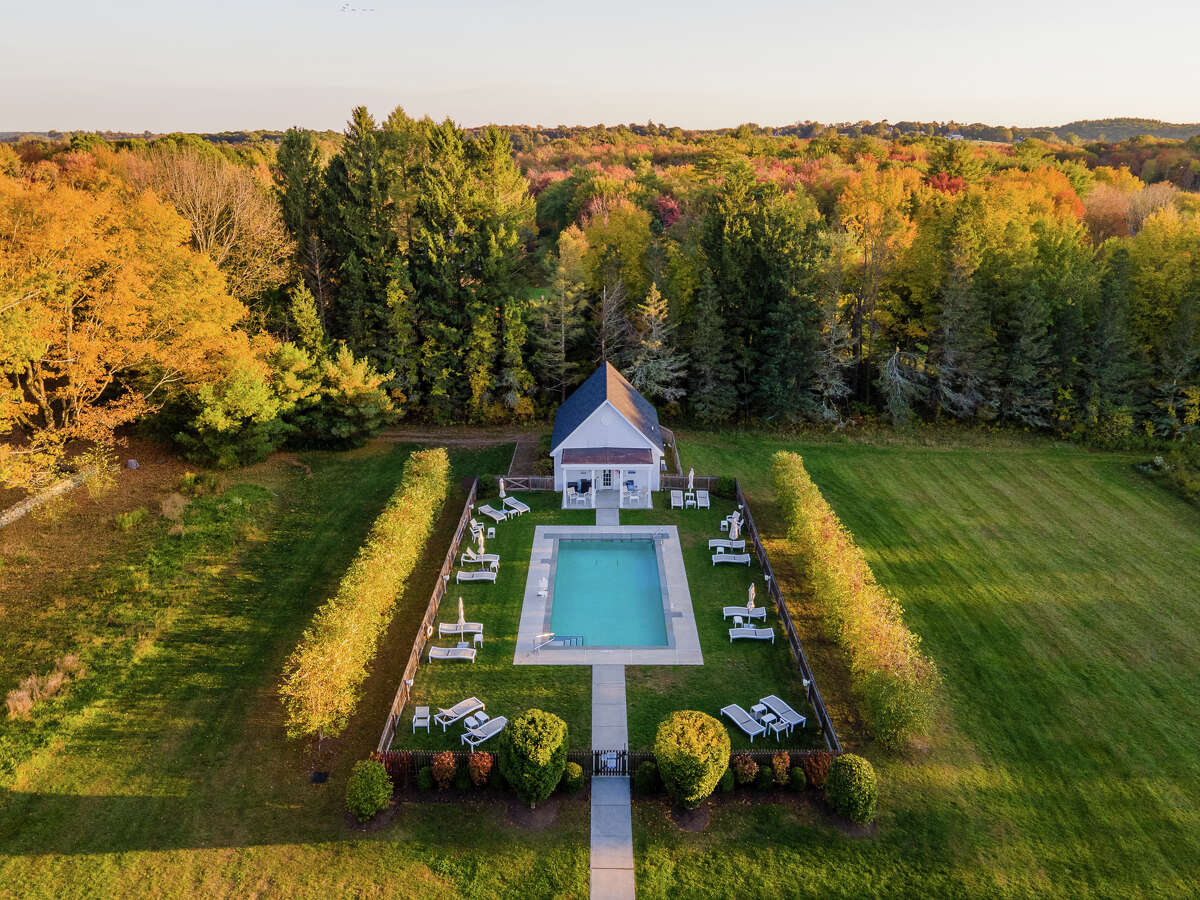 An aerial view of Winvian Farm's heated pool.