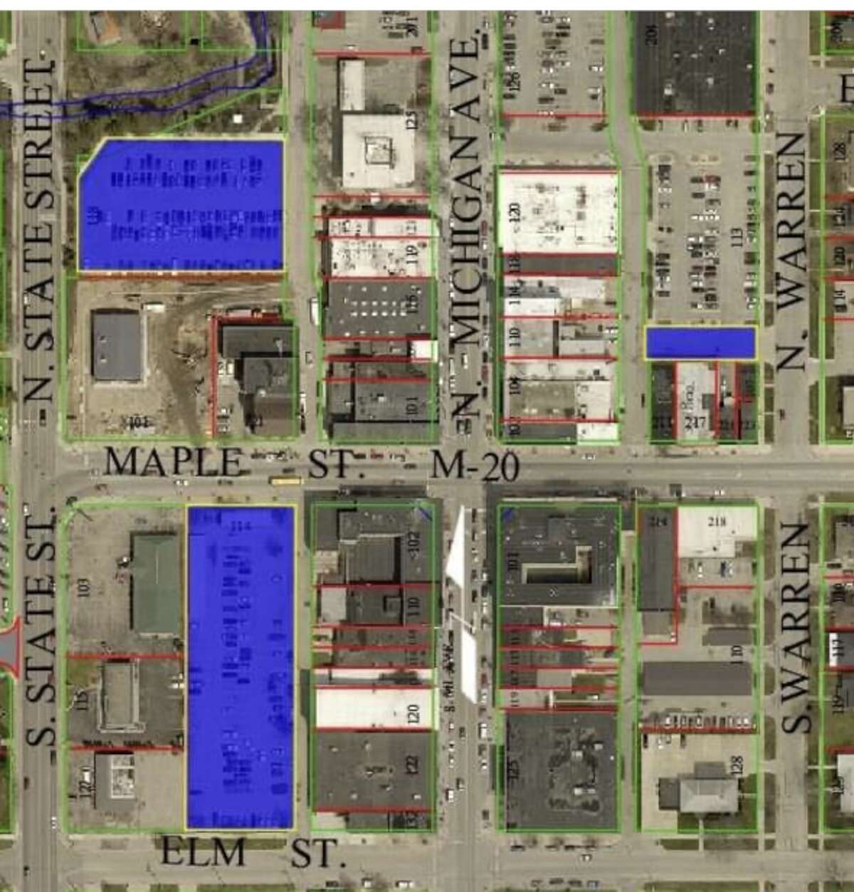 Three parking lots in downtown Big Rapids, shown in blue, will be closed temporarily as they are being repaved.