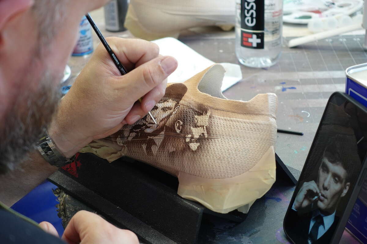 Peaky Blinkers inspired cleats made for Gabe Davis of the Buffalo Bills by Daniel"Chewed up" Gamache at its New Haven County warehouse on September 1, 2022.