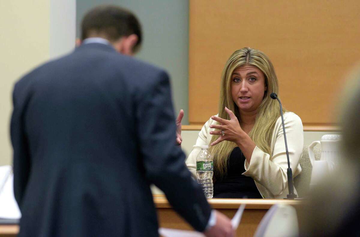 Brittany Paz, the corporate representative for Infowars, answers a question from the plaintiff’s attorney Chris Mattei during the Alex Jones Sandy Hook defamation damages trial in Superior Court in Waterbury on Friday, September 16, 2022, Waterbury, Conn. H John Voorhees III / Hearst Connecticut Media.