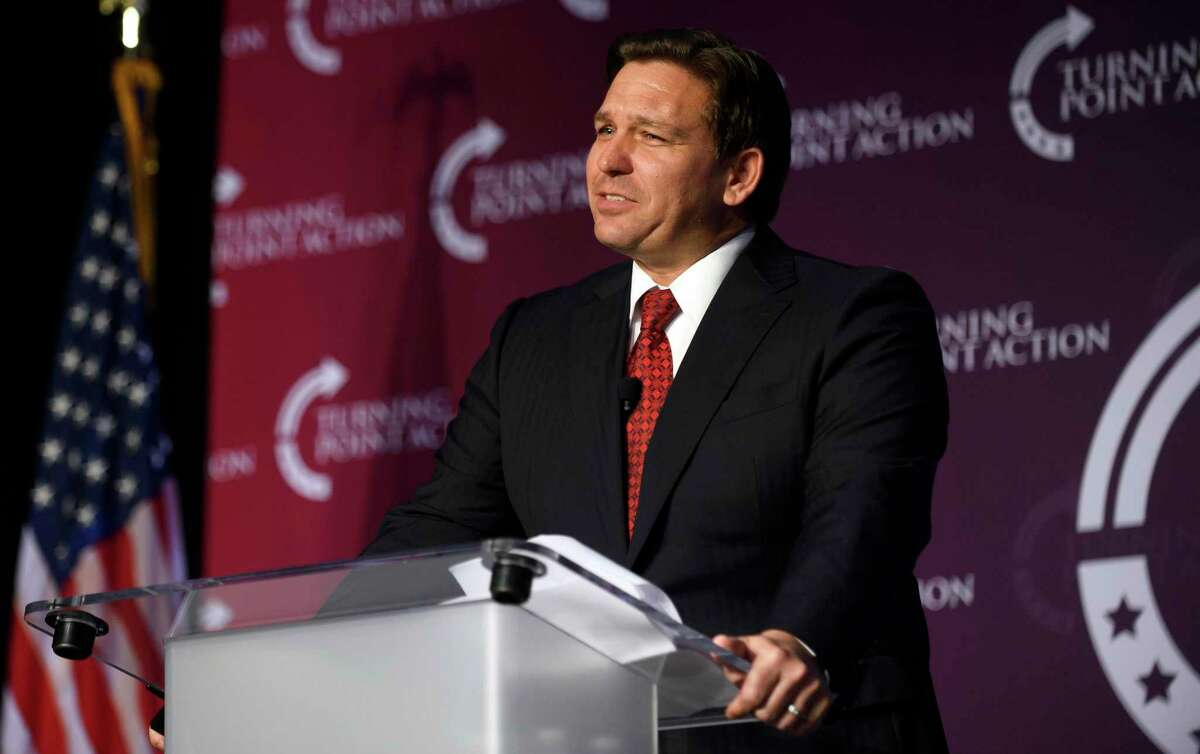 Florida Gov. Ron DeSantis speaks at the Unite and Win Rally in support of Pennsylvania Republican gubernatorial candidate Doug Mastriano at the Wyndham Hotel on Aug. 19, 2022, in Pittsburgh. (Jeff Swensen/Getty Images/TNS)