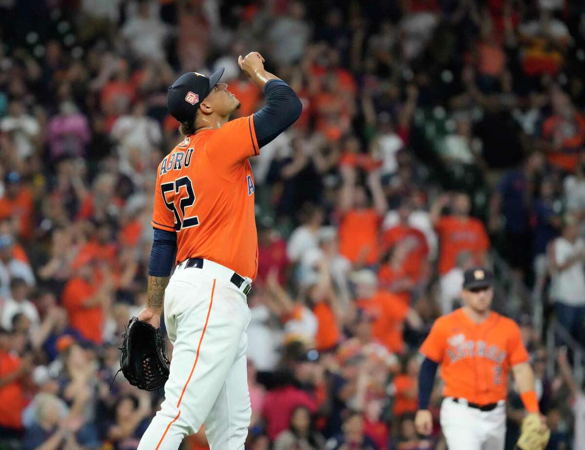 Houston Astros relief pitcher Bryan Abreu (52) celebrates after Oakland Athletics Dermis Garcia (flied out to end the game during the ninth inning of an MLB baseball game at Minute Maid Park on Friday, Sept. 16, 2022 in Houston.