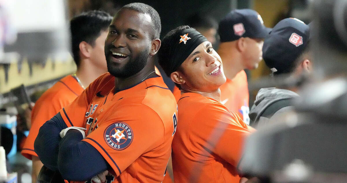Houston Astros' Yordan Alvarez (44) celebrate their back to back homers against Oakland Athletics starting pitcher Adrian Martinez during the fifth inning of an MLB baseball game at Minute Maid Park on Friday, Sept. 16, 2022 in Houston.