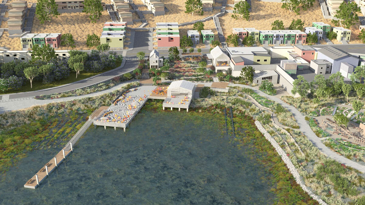 An artist's rendering of an aerial view of India Basin Waterfront Park.