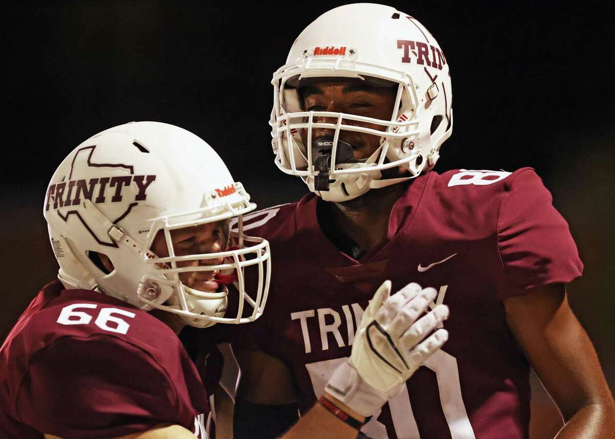 Trinity wide receiver Will Taylor (80) celebrates a touchdown during the NCAA Division 3 football game against Texas Lutheran Saturday, Sept. 17, 2022, at Trinity Football Stadium in San Antonio, Texas.