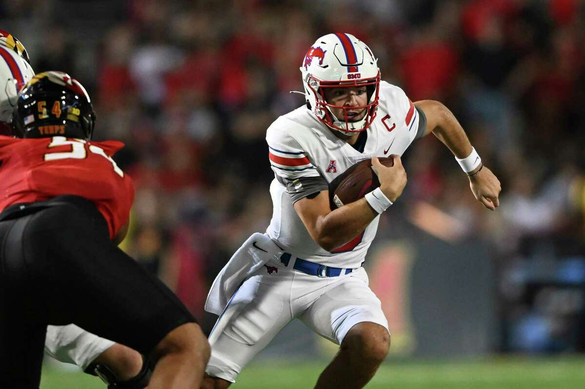 SMU quarterback Tanner Mordecal runs the ball against Maryland in the first half of an NCAA college football game, Saturday, Sept. 17, 2022, in College Park, Md.