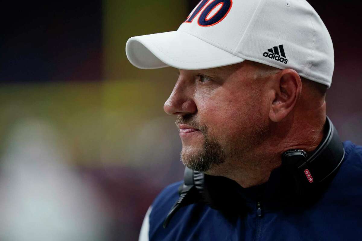 UTSA head coach Jeff Traylor during the first half of an NCAA college football game against Houston, Saturday, Sept. 3, 2022, in San Antonio. (AP Photo/Eric Gay)