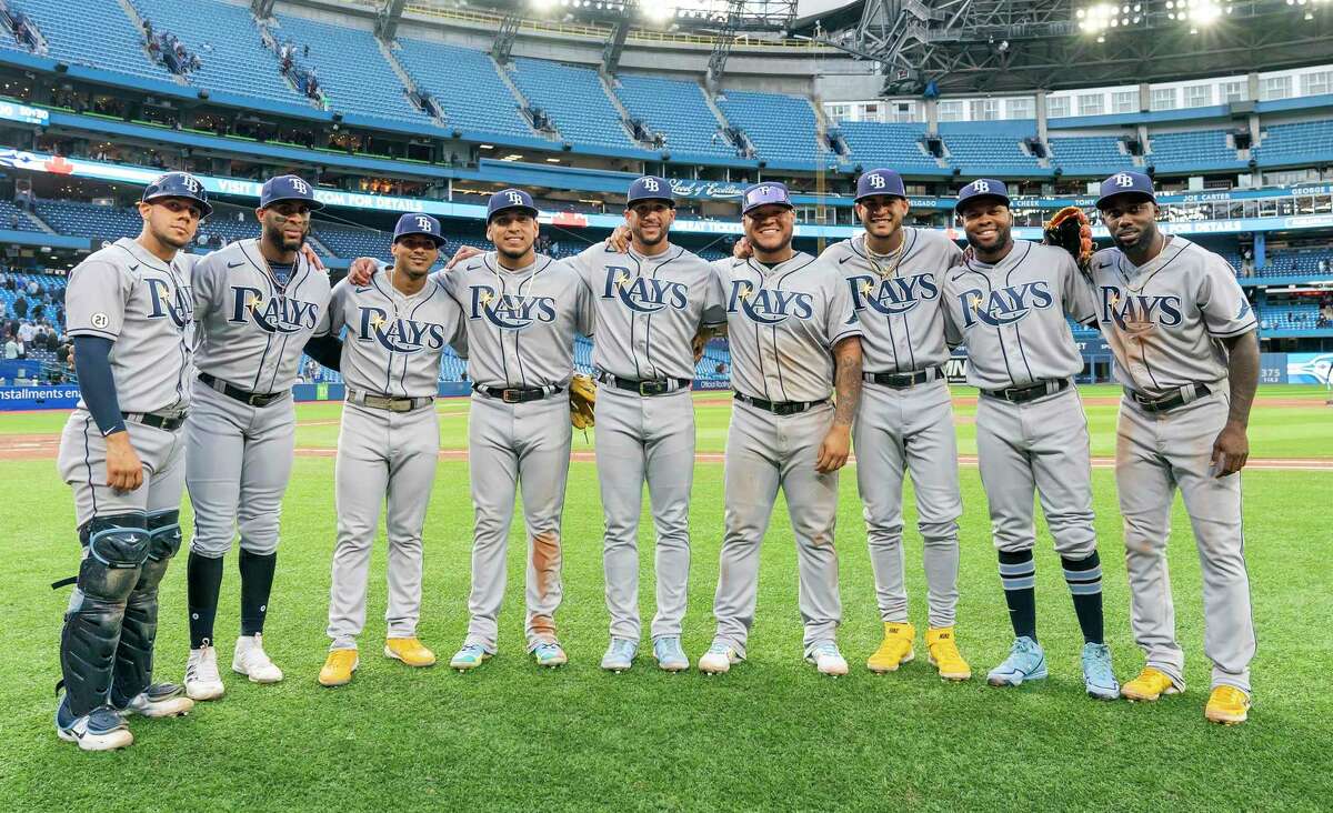 MLB’s first all-Latino lineup, used by the Rays in an 11-0 victory over Toronto on Sept. 15, consisted of, from left, catcher René Pinto, third baseman Yandy Diaz, shorstop Wander Franco, second baseman Isaac Paredes, left fielder David Peralta, first baseman Harold Ramirez, center fielder José Siri, designated hitter Manuel Margot and right fielder Randy Arozarena.