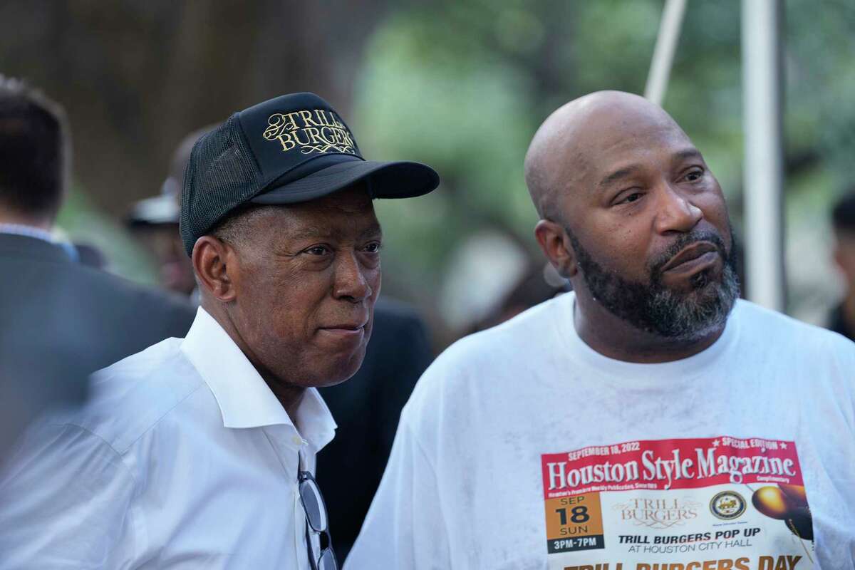 Mayor of Houston Sylvester Turner and Houston rapper Bun B at the Trill Burgers Day Celebration at the Houston City Hall, Sunday, Sept. 18, 2022, in Houston.