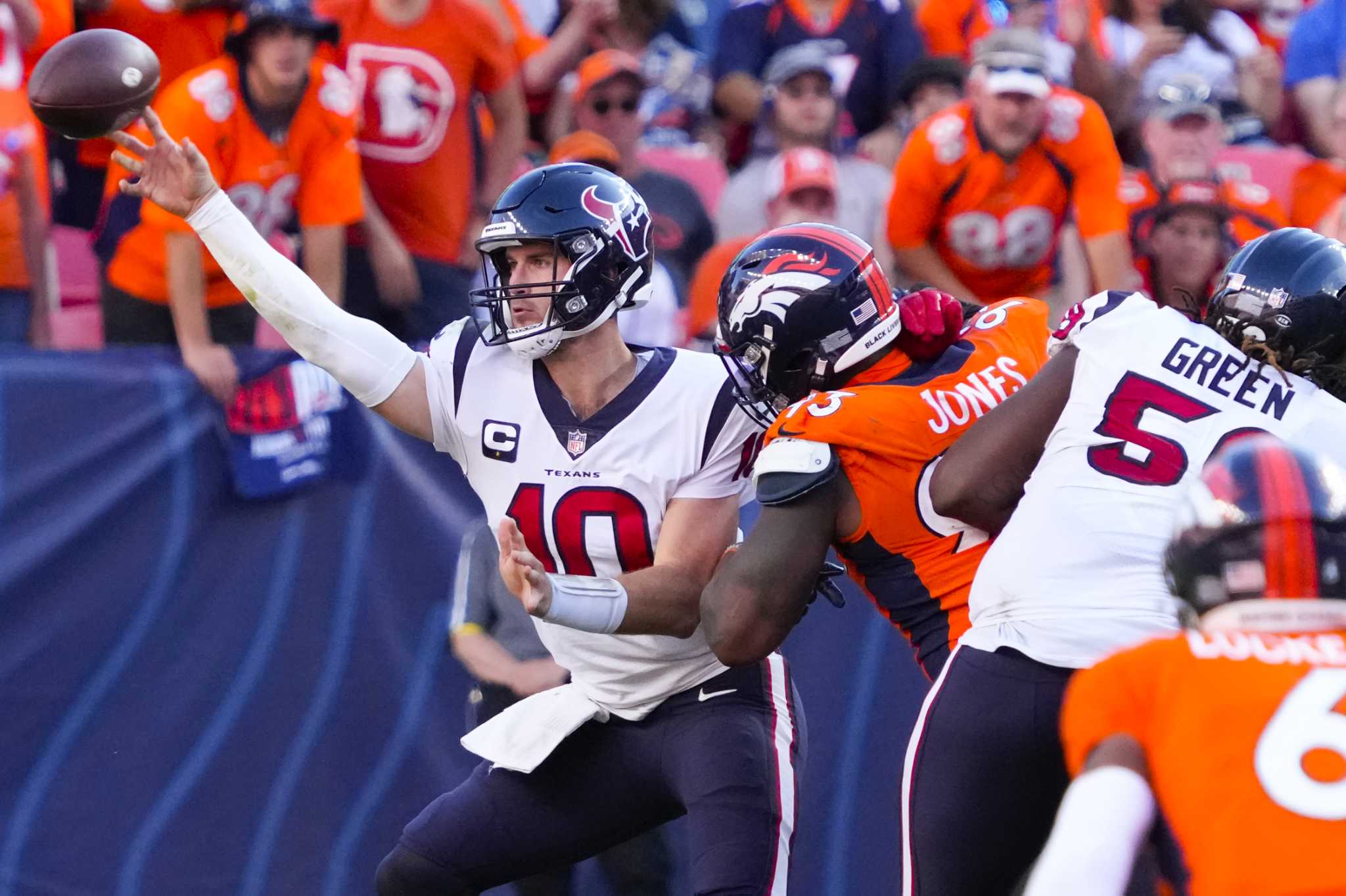 Houston Texans quarterback Davis Mills (10) calls signals during the second  quarter of the NFL Football Game between the Tennessee Titans and the  Houston Texans on Sunday, October 30, 2022, at NRG