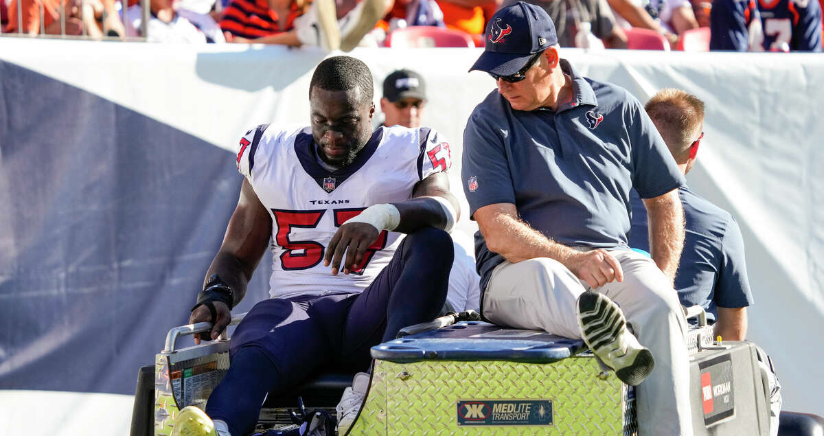 Houston Texans linebacker Kevin Pierre-Louis (57) is carted off the field after suffering an injury against the Denver Broncos during the third quarter of an NFL football game Sunday, Sept. 18, 2022, in Denver.