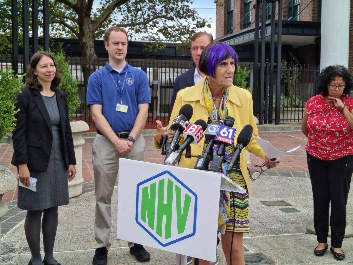 U.S. Rep. Rosa DeLauro speaks at Union Station in New Haven Monday. 