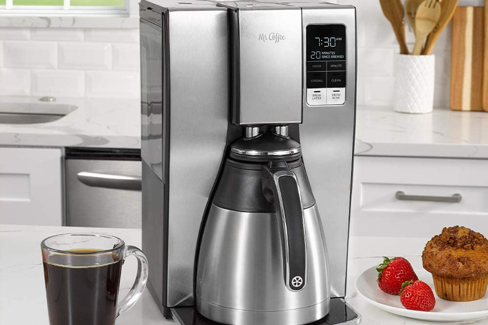 This sleek stainless steel coffee machine will make 10 cups of brew for 60