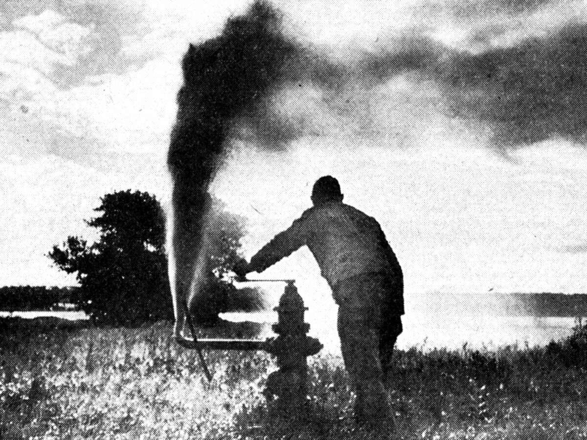 City water mains continued to be flushed out this morning causing rust to appear in tap water. City employee Bob Schmeling flushes the Lake Street hydrant at 8:15 a.m. before moving over to the continue on the northside today and tomorrow. The photo was published in the News Advocate on Sept. 20, 1962.