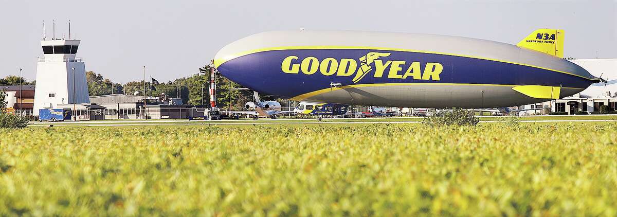 John Badman|The Telegraph The GoodYear Wingfoot Three rests on its portable docking platform at St. Louis Regional Airport Monday morning after spending the weekend in Bethalto.