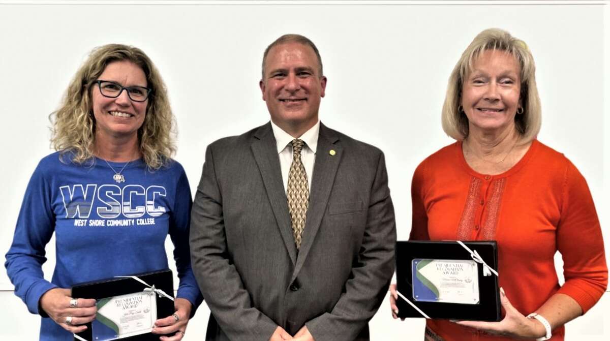 Pictured are Julie Page-Smith (left), director of the West Shore Community College Wellness Center; Scott Ward, WSCC president; and Marcie McCloskey, longtime bookkeeper who now works in the financial aid office. Ward presented McCloskey and Page-Smith the Presidential Recognition Award.