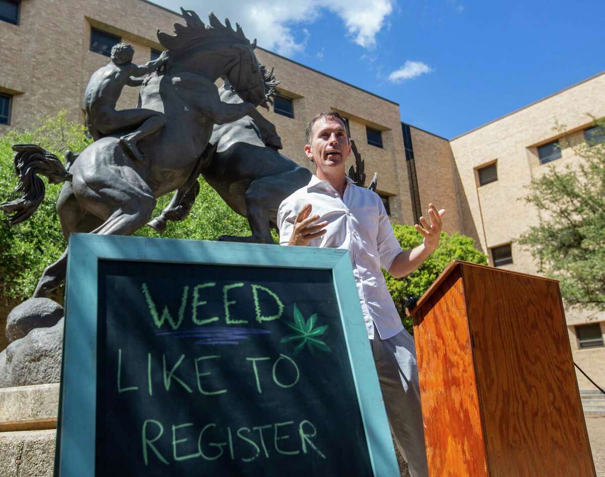 Mike Siegel with Ground Game Texas talks Monday, Sept. 19, 2022, on the Texas State University campus about a measure on San Marcos’ Nov. 8 ballot to decriminalize some lower-level marijuana charges.