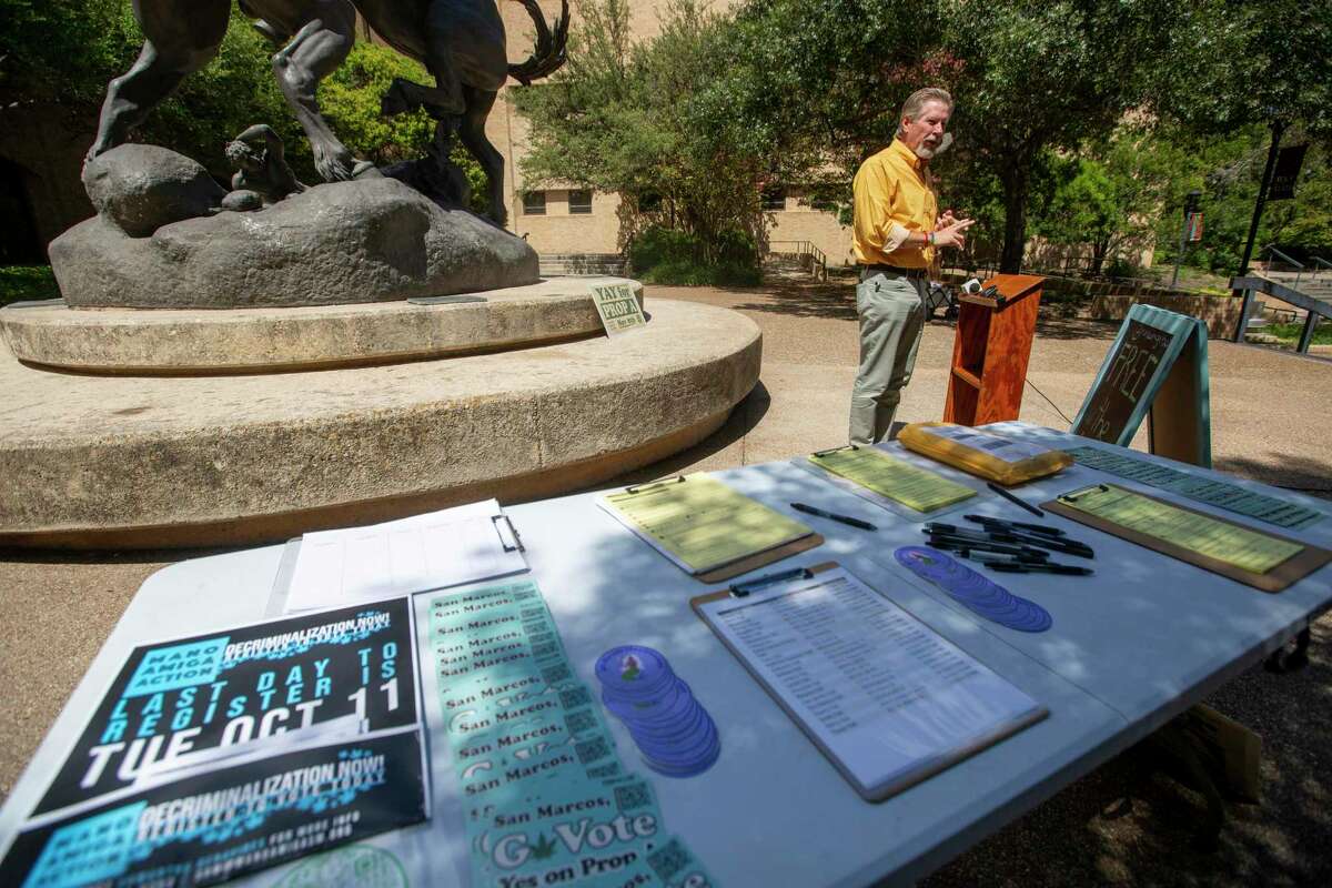 Kelly Higgins, Democratic candidate for Hays County district attorney, talks Monday, Sept. 19, 2022, on the Texas State University campus about a measure on San Marcos’ Nov. 8 ballot to decriminalize some lower-level marijuana charges.