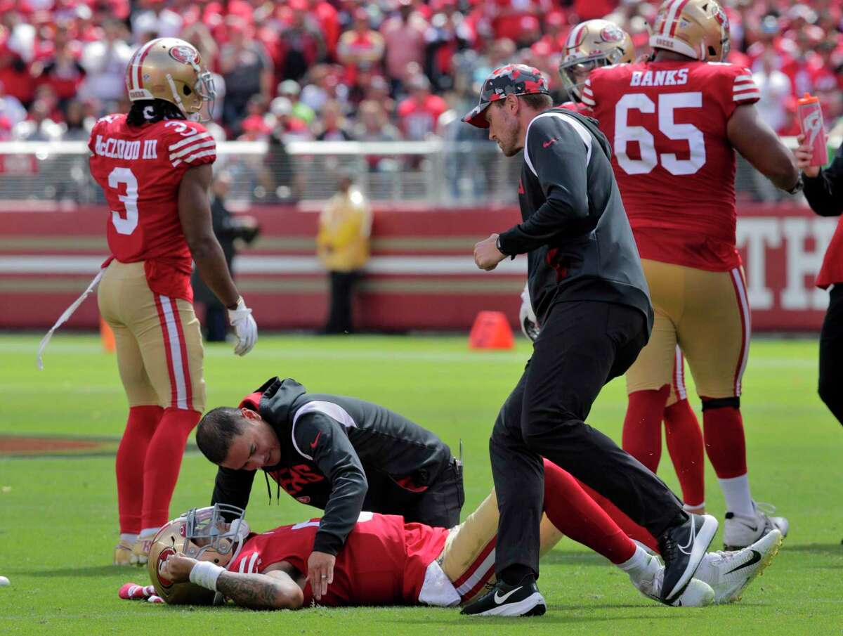 49ers quarterback Trey Lance suffered a broken fibula and “ligament disruption” on Sunday.