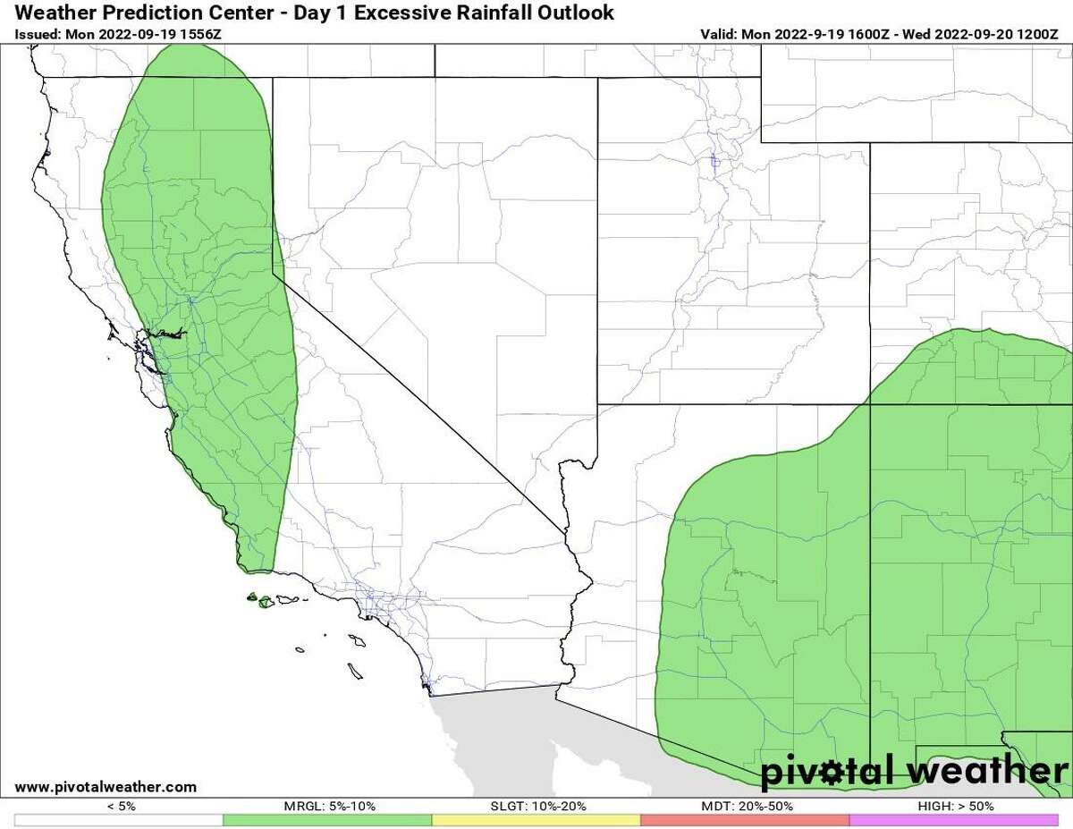 The excessive rainfall outlook from the Weather Prediction Center, showing that much of the chances for rain today will be confined to the Sacramento Valley, the Southern Cascades, Central Coast and parts of the Lake Tahoe Area. Notable Bay Area counties, like Alameda, Solano, Contra Costa and even Santa Clara might still see a few stray showers.