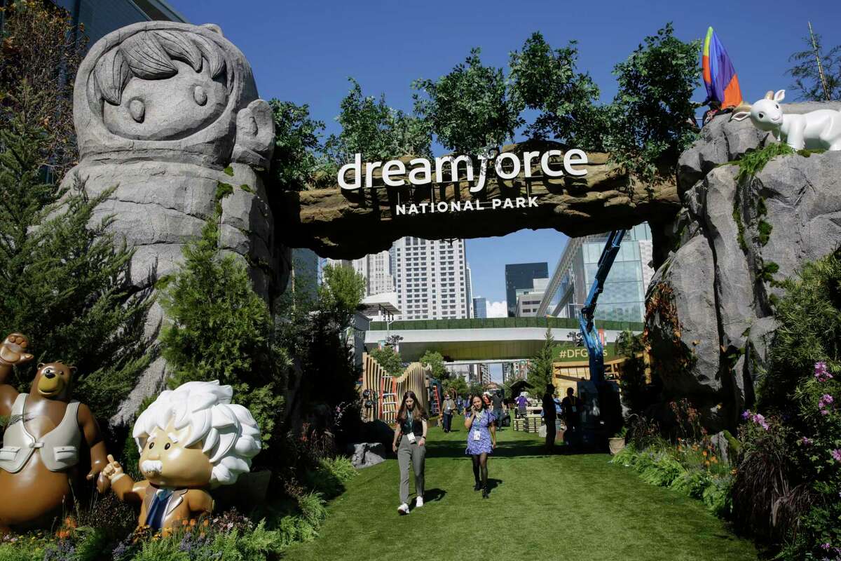 The entrance to Dreamforce is set up along San Francisco’s Howard street. The annual event is poised to be the city’s largest conference since the pandemic began.