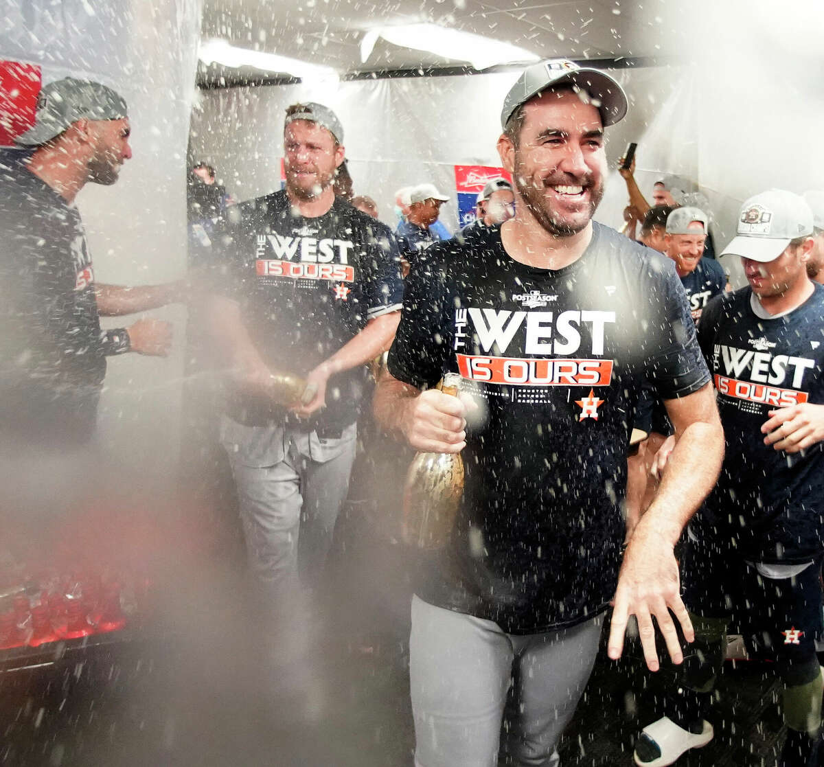 Houston Astros pitcher Justin Verlander in the locker room celebrating after they clinched the AL West after beating the Tampa Bay Rays during an MLB baseball game at Tropicana Field on Monday, Sept. 19, 2022 in St. Petersburg.