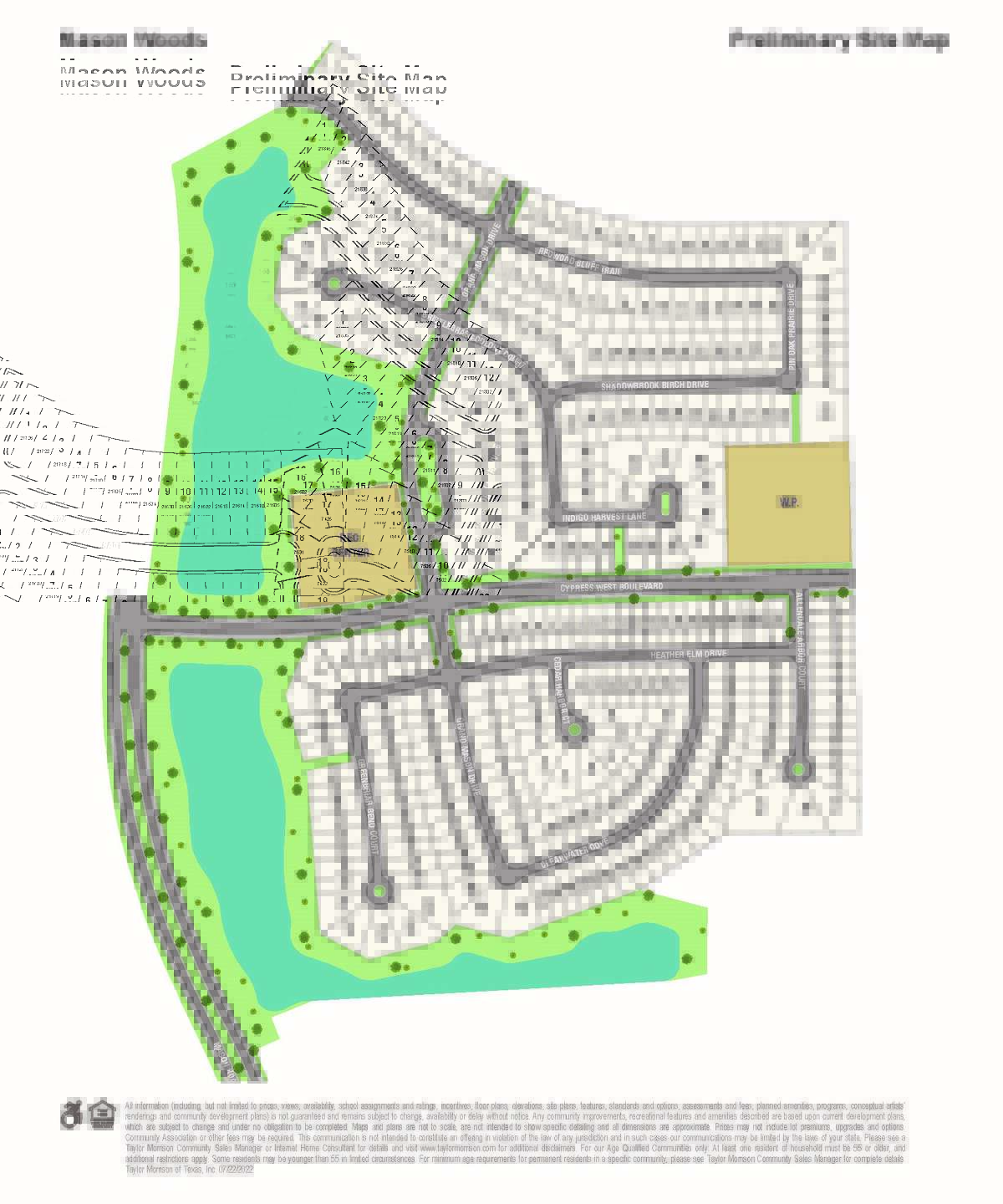 A preliminary site map of the 300-acre Mason Woods near the Grand Parkway and FM 529 in Cypress. The community is planned for more than 1,300 single-family homes.